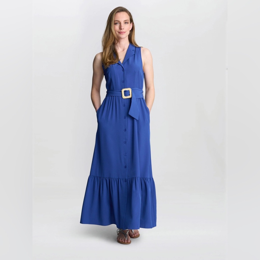 London Times Kelsey Sleeveless Belted Maxi Shirtdress